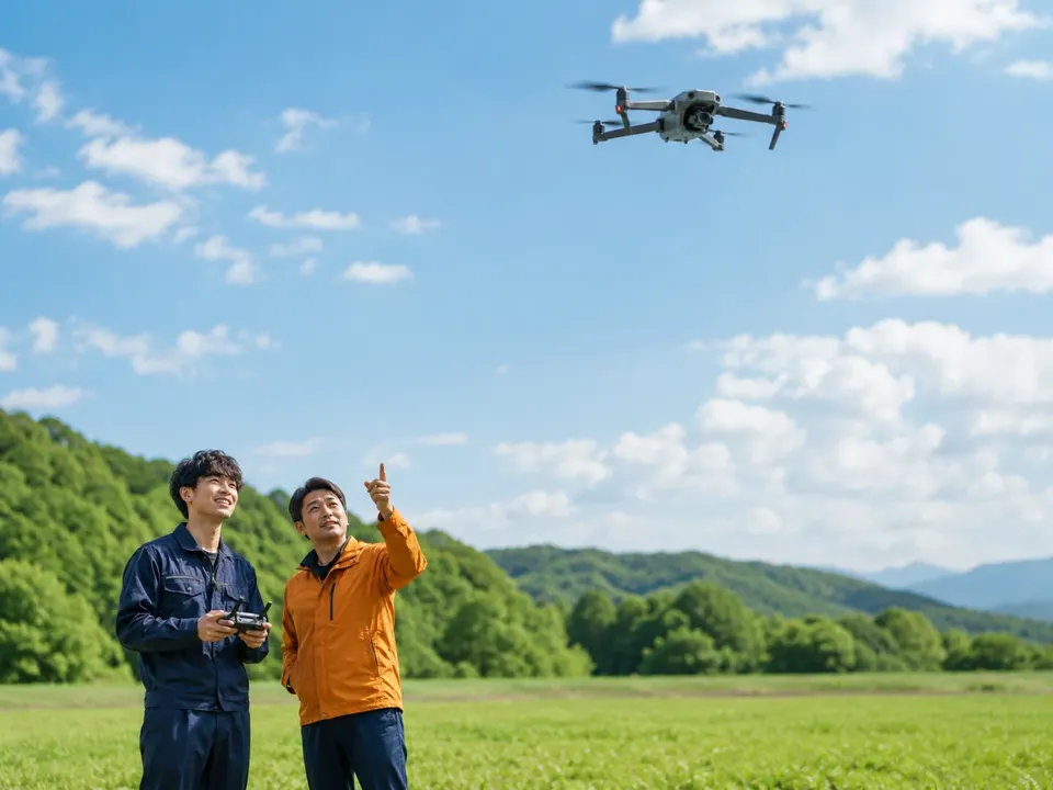 青空の下でドローンを操縦する受講生